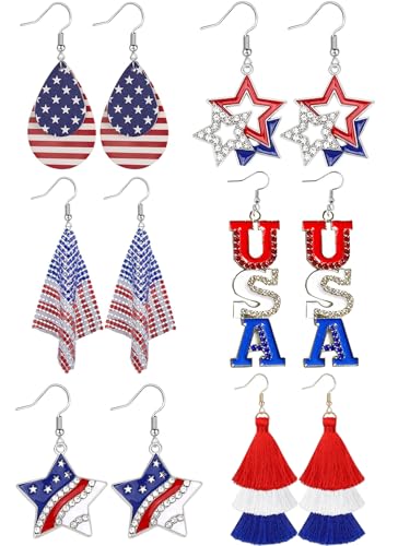 【6 Pairs】 American Flag Earrings USA Drop Earrings 4th of July Accessories for Women Fourth 4th of July Outfits for Women Patriotic earring Party Favors Red White Blue Decorations