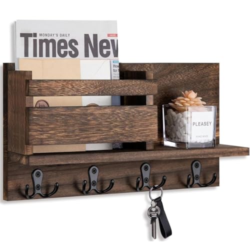 Image of PEDEX - Wall Mounted Wooden 4 Hook Key Holder Organizer with Shelf | Multipurpose Entryway Organizer for Keys, Sunglasses, Mail, Plants Great for use in entryways, hallways, Kitchens, or Offices