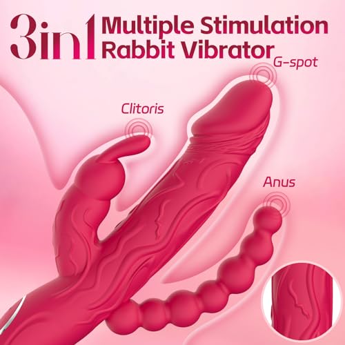 Image of Rabbit G Spot Dildo Vibrator Adult Sex Toys for Women, 3 in 1 Vaginal Anal Beads Clitoris Double 10 Vibration Modes Silicone Nipple Stimulator Massager for Female Couple Play & Games (Rose Red)