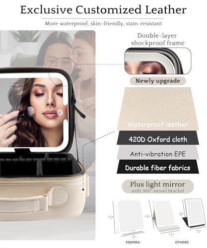 Image of MOMIRA Travel Makeup Bag Cosmetic Bag with Lighted Mirror, Adjustable Brightness in 3 Color Scenarios /Detachable makeup mirror, All-round Upgrade, Waterproof, Gift for Women -Khaki