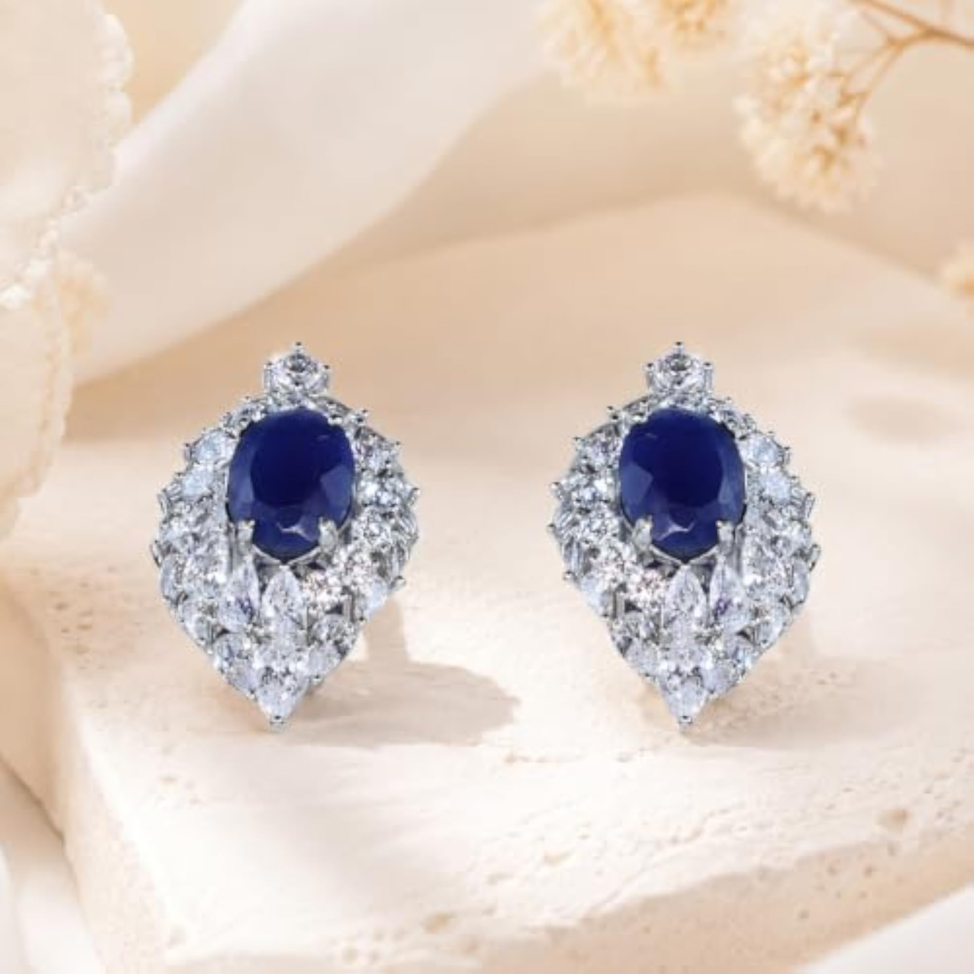 Women's Rhodium-Plated Blue Stone Stud Earrings, Sweat-Resistant