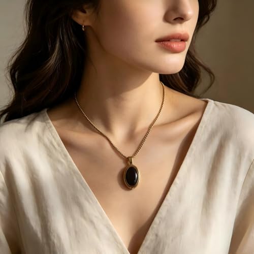 Unisex Stainless Steel Pendant Necklace, Gold Plated Cuban Chain with Black Oval/Rectangular Charm, Anti-Tarnish Hypoallergenic Everyday Jewelry for Men & Women by Generic - Used condition - Image 4