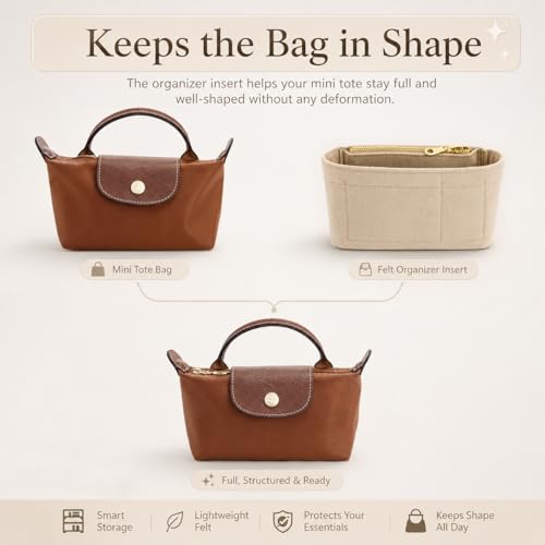 Image of Mini Purse Organizer Insert for Longchamp Le Pliage Small Tote - Felt Inner Bag Liner with Zipper Pocket, Lightweight Storage for Mini Handbags, Black