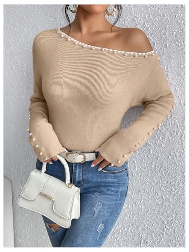 Image of WDIRARA Women's Pearls Beaded One Cold Shoulder Sweater Long Sleeve Asymmetrical Knit Top
