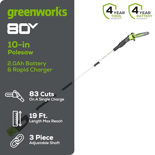 Greenworks 80V 10" Cordless Polesaw (Great For Pruning and Trimming Branches / 75+ Compatible Tools), 2.0Ah Battery and Charger Included
