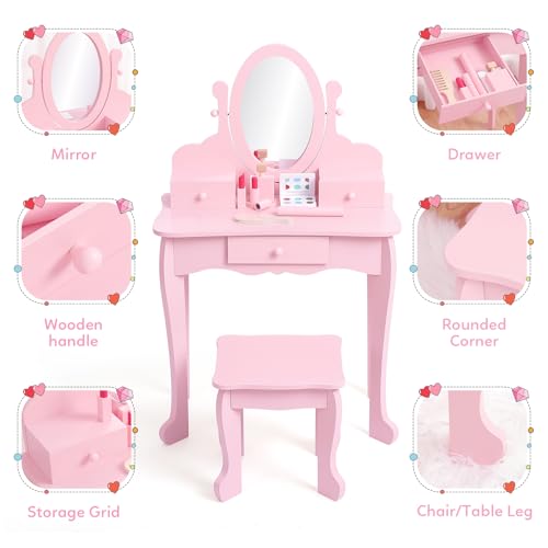 GarveeHome Girls' Vanity Set with Mirror, Makeup Table and Stool for Kids, Wood Dressup Playset for 4-9, Pink