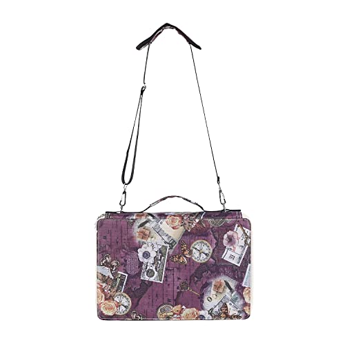 Image of Pencil Case Slot Holds 500 Colored Pencils or 340 Color Gel Pens with Zipper Closure Large Capacity Retro Style Element Pattern Pen Organizer Bag with Shoulder Strap (Purple - Compasses)
