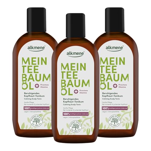 alkmene Mein Teebaumöl Kopfhaut Tonikum 3x 250 ml Juckreiz Linderung 100% bestätigt - naturreines Teebaumöl, vegan & klimaneutral - beruhigendes Haarwasser bei trockener & juckender Kopfhaut