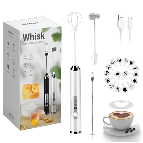 JrundMsoxz Rechargeable Milk Frother - 3-Speed Electric Handheld Coffee Mixer With 2 Whisks and Decoration Tool, Stand-up Design for Latte, Cappuccino, Cream (White)