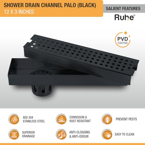 Image of Ruhe Palo 12 x 3 Inches Shower Drain Channel | 304 Stainless Steel Black PVD Coated Shower Water Drain Channel /Waste Water Floor Drain & Side Hole