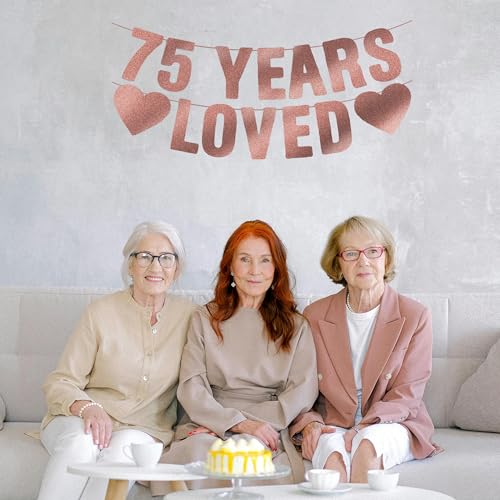 Image of Pre-Strung 75th Birthday Banner - Rose Gold Glitter, Happy 75th Birthday Party Decorations for Women, Cute 75 Year Old Anniversary Decor Bday Sign Gifts