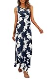 Hount Women's Casual Summer Sleeveless Dress Loose Split Maxi Dresses with Pockets (F-Navy White, Medium)