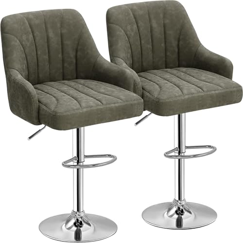 Image of VECELO Bar Stools Set of 2, Adjustable Barstools, Counter Height Stools with Back and Arm, Kitchen Island Stools, Swivel PU Leather Chairs for Pub, Dining Room, Modern Style, Dark Grey