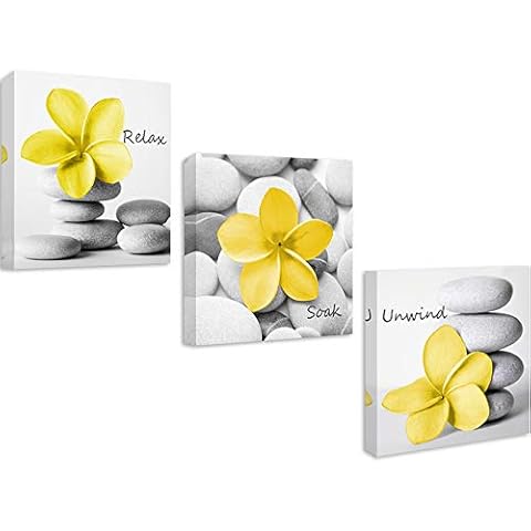 Genius Decor-Modern Yellow Gray Bathroom Wall Art Decor Zen Flowers Pictures Canvas Print Relax Soak Unwind Set of 3 (Yellow Gray) Cover