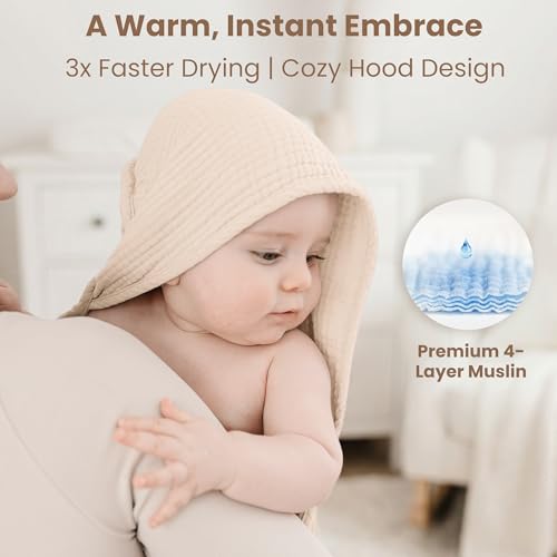 Image of Konssy 2-Pack Muslin Hooded Baby Towels, 100% Cotton, Ultra-Soft & Absorbent Baby Bath Towels with Hood for Newborn & Infant (Cream, Blossom,32 inch x 32 inch)