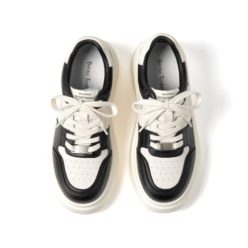 Image of BEAU TODAY Platform White Sneakers for Women,Leather Casual Tennis Shoes
