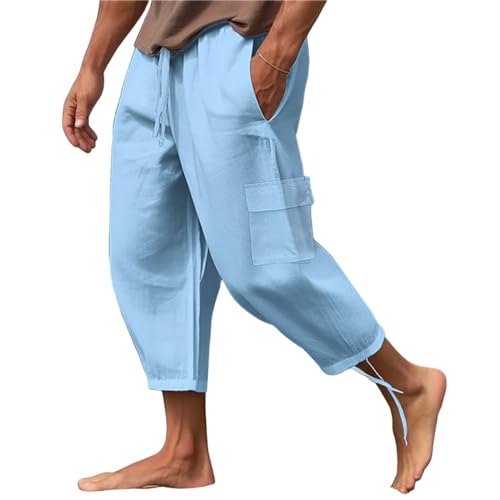 Mens 3/4 Pants Loose Elastic Waisted Lightweight Lounge Pant Drawstring Beach Summer Yoga Hippie Capri Slacks Pockets