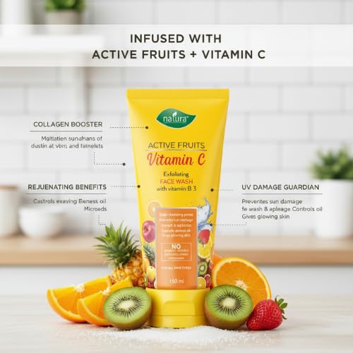 Image of Natura Active Fruits Vitamin C Face Wash | Exfoliating, Brightening, Sun Damage Protection, Oil Control | With Vitamin B3 | For Glowing Skin | No Paraben, Men & Women, All Skin Types - 150 ml