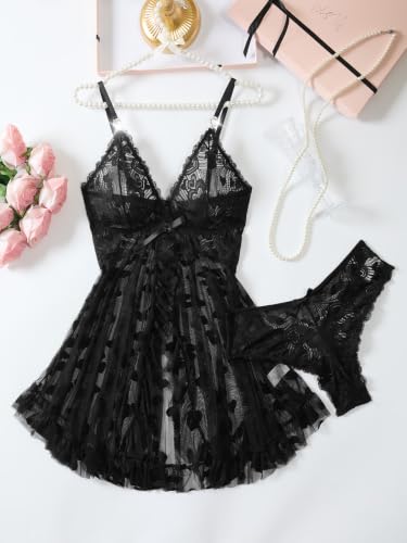 Image of Foxiny Sexy Ruffle Sheer Mesh Lace Wireless Babydoll Lingerie Dress with Thong 2 Piece
