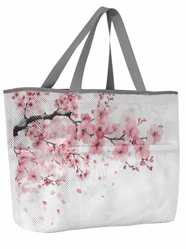 Beach Bags Women Mesh Tote Bag Watercolor Pink Cherry Blossom Toy Grocery Pool Bag with Pockets for Travel/Picnic/Shower