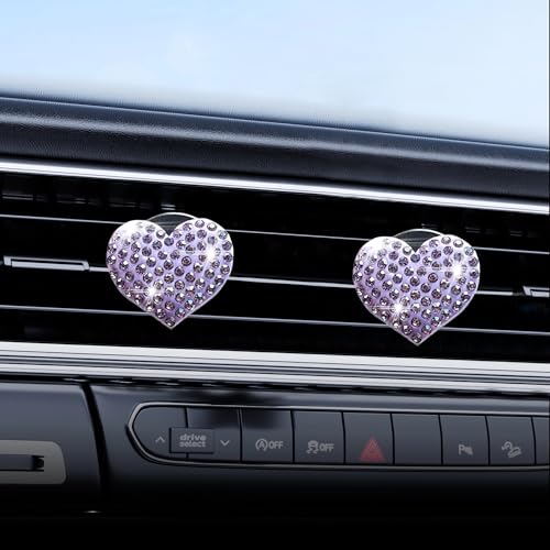 Image of Car Bling Air Vent Clips, 2 Pcs Bling Heart Charm Air Conditioning Outlet Clip, Crystal Rhinestone Accessories, Car Interior Decoration Cute Accessories for Women Girls (Purple, Vanilla)