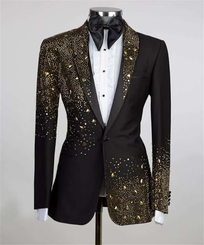 Mens Luxury 2 Pieces Tuxedo Suit with Rhinestone Slim Fit Shawl Lapel Blazer Jacket Pants Set for Prom,Party,Dinner2