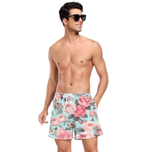 Pink Flowers Mens Swim Trunks with Compression Liner 4.7" Inseam Quick Dry Lightweight Swimming Shorts#5443