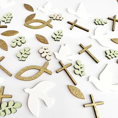 ARYIMYDP 70 Pièces Décorations en Bois pour Baptême et Communion, Motifs Croix, Poisson, Colombe, Touches Vertes, Confettis de Table pour Baby Shower,...