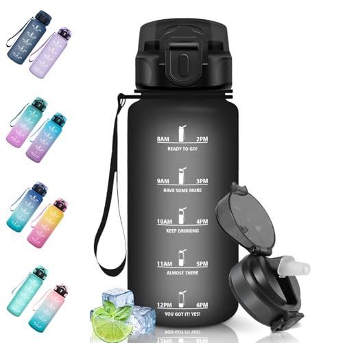 Motswedi Botella Agua, 500 ml Sin BPA, Botella Agua Niños con Pajita, Reutilizable, Botella de Agua Gimnasio, a Prueba de Fugas, Cantimplora para Gym, Oficina, Escuela, Yoga, Negro