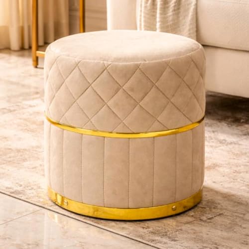 Image of Premium Velvet Puffy Ottoman Stool for Living Room, Bedroom and Dressing Area | Round Footrest with Diamond Quilting and Gold Base | Soft, Stylish and Durable Seating (Cream)