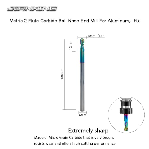 Image of 6mm R3 Extra Long DLC Coated 2-Flute Carbide Ball Nose End Mill, 100mm OAL, Ideal for Aluminum, Copper Alloys & Plastic Machining-High Precision & Wear-Resistant Cutting Tool (1 Pack)