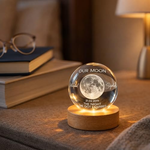 Image of Evamall Custom Moon Phase Crystal Ball Night Light, Personalized LED Crystal Globe for Couples, Wedding Anniversary Keepsake, Valentine's Day Gift, The Night We Got Married