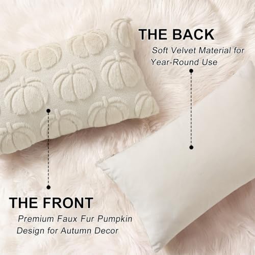 Image of decorUhome Fall Decorative Beige Pumpkin Throw Pillow Covers 12x20 Set of 2, Soft Faux Fur Plush Farmhouse Accent Pillow Cases for Couch Bed Sofa Autumn Harvest Halloween Holiday Home Decor