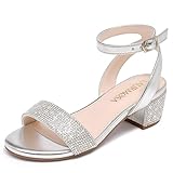 LAURMOSA Girls High Heels Silver Flower Girl Dress Shoes Heels Size 4 Tween Dress Sandals for Party Wedding Tween Dressy Fancy Shoes Kids Rhinestone Sandals Pageant(L1033RhSilver 4)