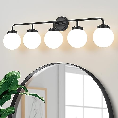 Image of Bathroom Light Fixtures 39in 5-Light Matte Black Vanity Lights for Mirror | Bathroom Lighting Fixtures over Mirror, ETL, Brushed Brass Wall Sconce, Dimmable E12 Base Max 60W, Milky Glass Ball Shades