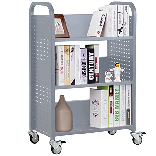 H&A Library Rolling Book Cart with 3 Flat Shelves, Book Truck with Swivel Lockable Casters for Home Shelves Office and School Book Truck in Grey - Thumbnail 3