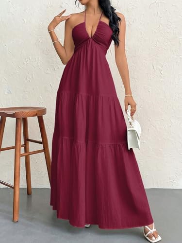 Image of Narecte Women's Maxi Summer Dresses Halter V Neck Beach Dresses for Women A-Line Casual Dress for Vacation
