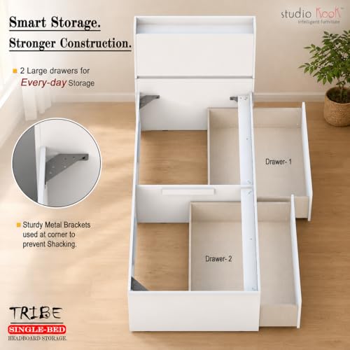 Image of Studio Kook Tribe Right Single Bed with Headboard Storage & 2 Drawers | Engineered Wood Bed | Fits 78 x 36 inch Mattress | Moonshine White | Mattress Not Included