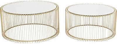 Kare Design Wire (2 set), Mesa de centro, Latón, redonda, diámetro 63 y 53cm, mesa auxiliar, mesilla de noche, estructura de acero, tablero de cristal de seguridad, salón, 34 x 70 x 70 cm (AxAxF)