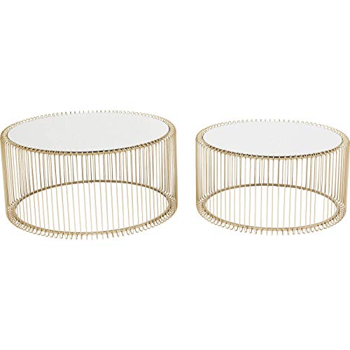 Kare Design Couchtisch Wire (2/Set), Brass, 63/53cm Durchmesser, Beistelltisch, Nachttisch, Stahlgestell, Tischplatte aus Sicherheitsglas, Wohnzimmer, rund, 34x70x70 cm (H/B/T)