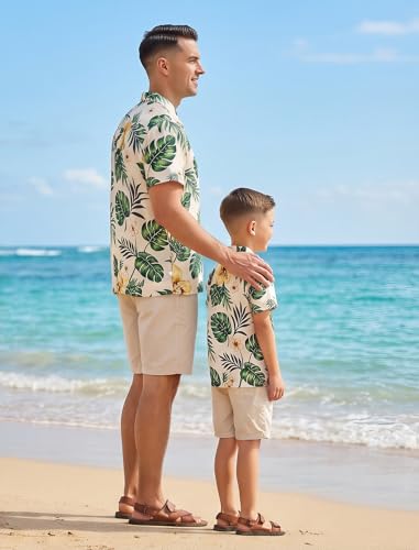 Image of AWIBMK Hawaiian Family Matching Outfits Mother Daughter Tropical Dresses Father Son Shirts for Beach Vacation Luau Party