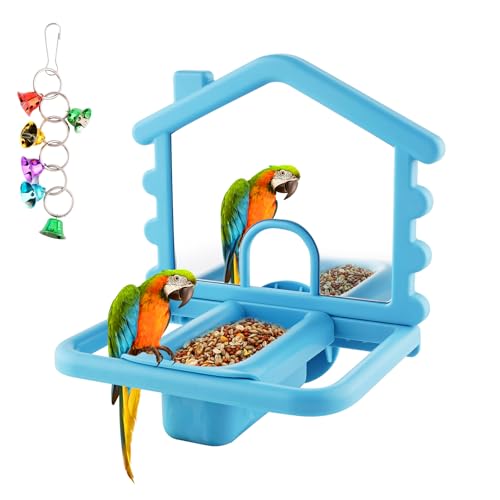 Image of 3 in 1 Bird Mirror with Perch Stand,Parrot Mirror for Cage,Bird Swing Toys for Cockatiels,Lovebirds,Conures,Parakeets-Helps Birds Release Stress (Blue)
