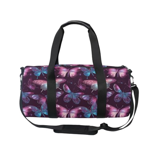 Purple Butterfly Sports Duffel Bag Full Print Barrel Gym Bag with Adjustable Shoulder Strap, Multiple Pockets for Workout Travel and Sports Durable Polyester with Microfiber Leather Accents2