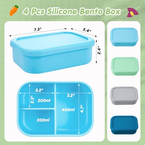 Image of Layhit 4 Pcs Silicone Bento Box for Adults, 27 oz Bento Lunch Container Reusable Food Container for Women Men, Leak Proof Microwave Dishwasher Freezer Safe (3 Compartments,Cool Colors)