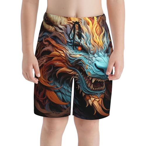 Boys Beach Board Shorts Swim Trunks Quick Dry Swimwear Kids Youth, Fire Dragon Cool Art3