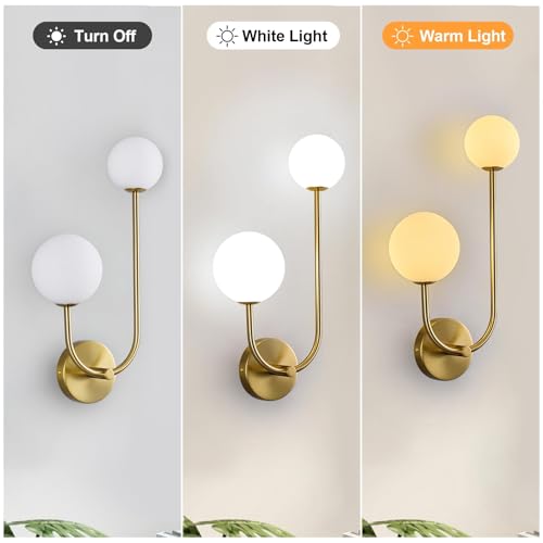 Image of Milk Glass Wall Sconce Gold Wall Sconces Set of Two Mid Century Modern Sconces Wall Lighting 2 Light Globe Sconce for Bedroom Living Room Hallway Wall Light Fixtures