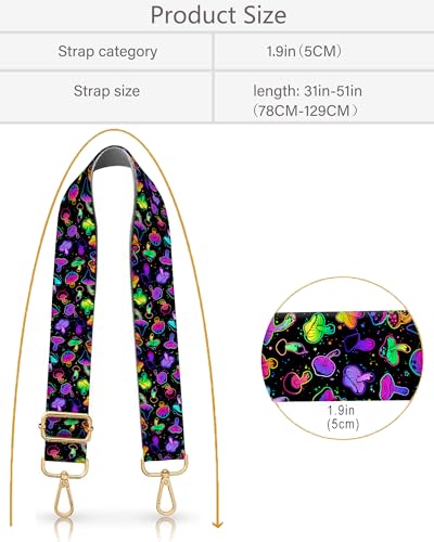 Image of Purse Strap Replacement Crossbody 2 inch Wide Shoulder Strap, Cute Handbag Strap Bag Strap Replacement Belts Adjustable Luxury Black Mushrooms