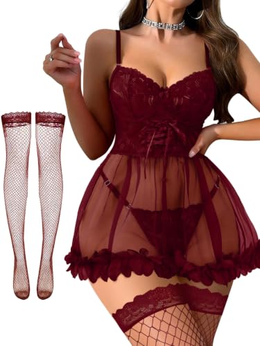 Image of Foxiny Sexy Ruffle Floral Skirt Underwire Mesh Sheer Lace Babydoll Lingerie Dress with Thong 2 Piece
