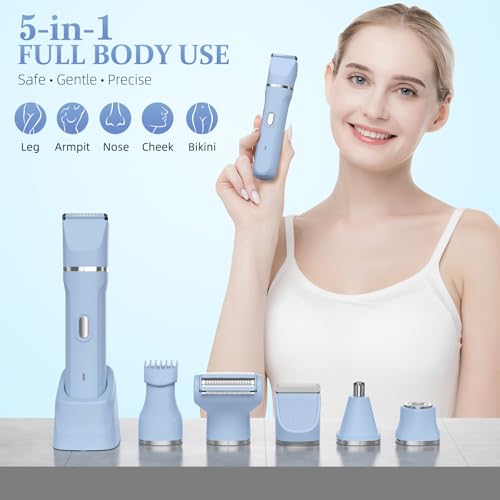 5-in-1 Bikini Trimmer for Women, IPX7 Waterproof Electric Razors Shaver, Cordless Body Hair Trimmer, Facial & Pubic Hair Removal, Ceramic Blade (Blue)