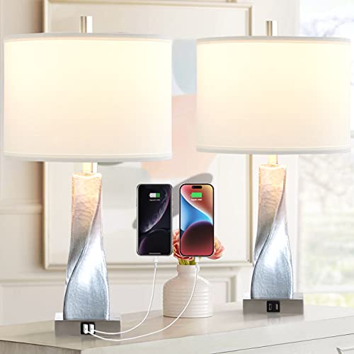 Dungoo Set Of 2 Silver Twist Crackle Mercury Glass Table Lamps With Usb & Type-C Port, 22" Bedside Table Lamps For Bedroom Living Room Modern Table Lamp Gift #TOP7